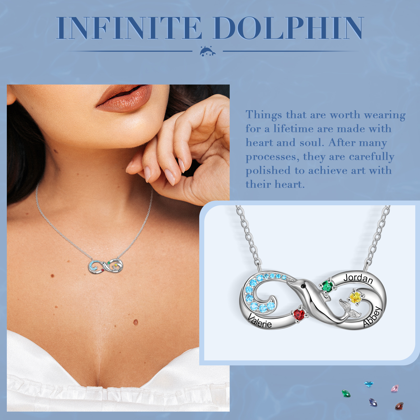 Personalised Infinite Dolphin Necklace With 3 Birthstones Custom Names Best Gift For Her-Jessemade AU