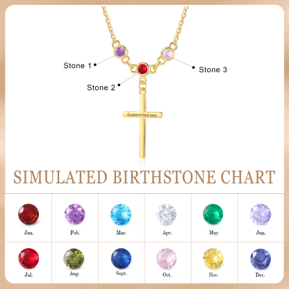 Personalised Cross Pendant Necklace Custom 3 Birthstones & 1 Text Necklace Birthday Gift for Her-Jessemade AU