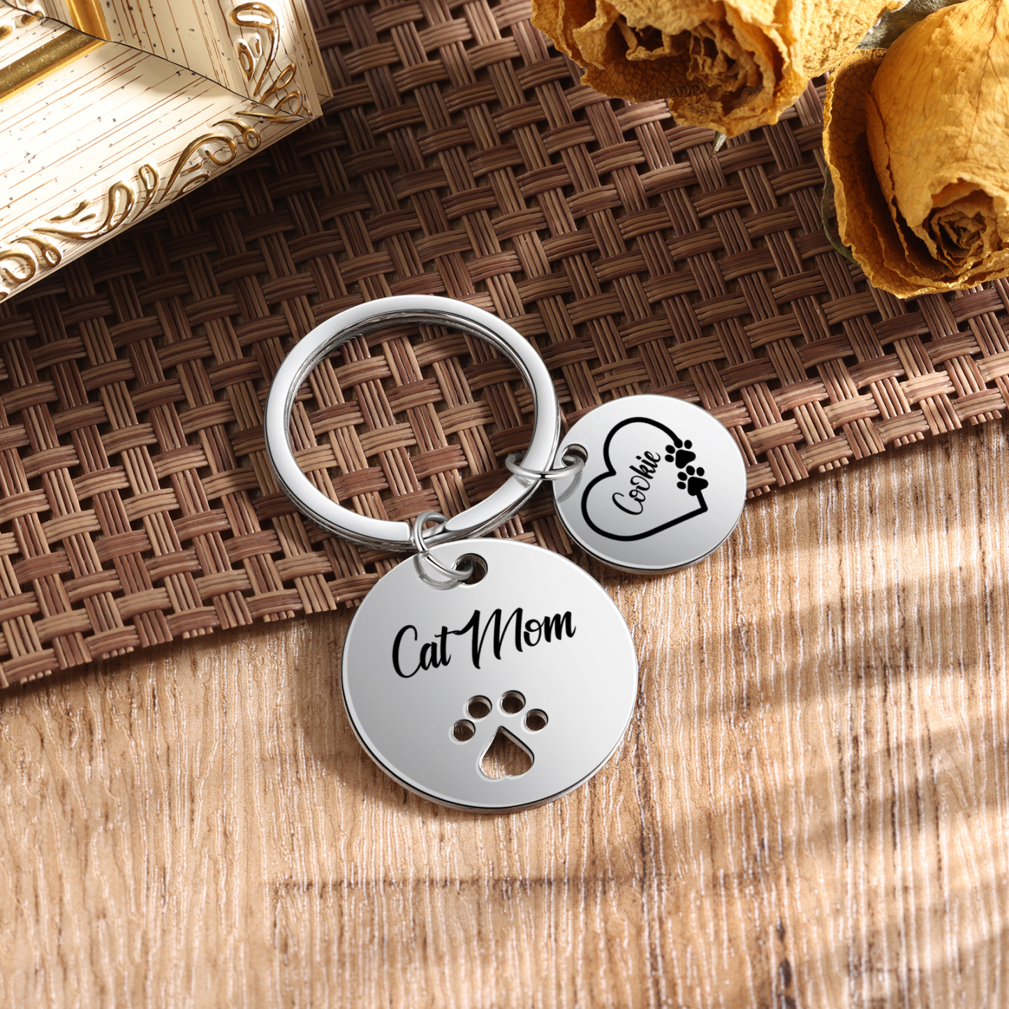 Personalised 1 Name & 1 Text Keychain Cat Paw Circle Charm Keychain Gift for Mother/Grandma-Jessemade AU
