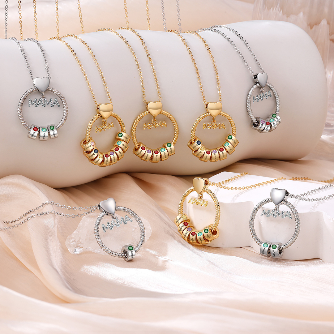 2 Names - Personalised Mama Circle Pendant Necklace Custom Names & Birthstones Necklace Mother's Day Gifts-Jessemade AU