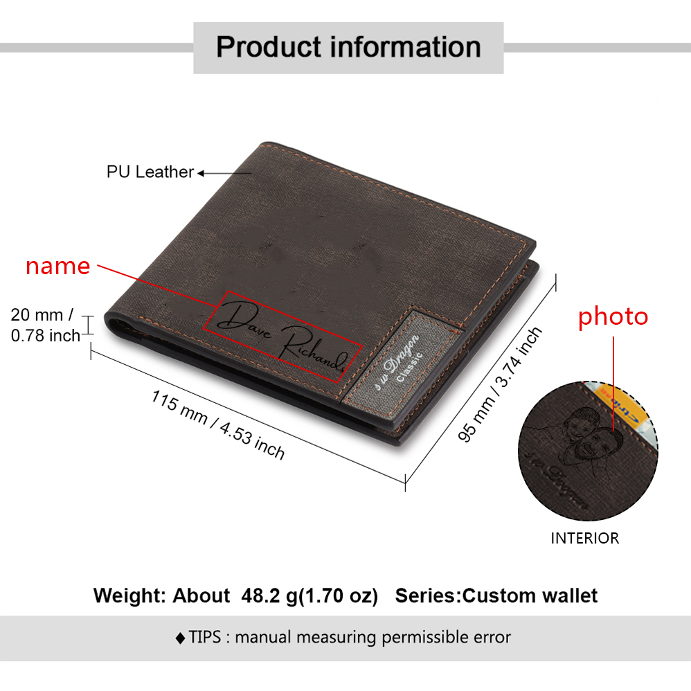 Personalised Name & Photo Billfold Wallet Custom Men's Leather Wallet Gifts for Him Dark Brown-Jessemade AU