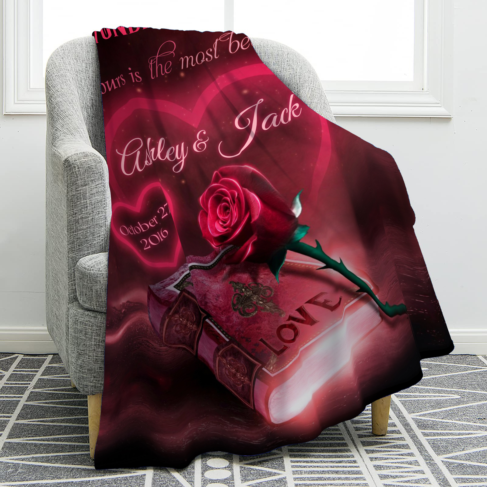 Personalised Couple Blanket Customised 2 Names & Date Blanket Rose Valentine's Day Anniversary Gift for Couples-Jessemade AU