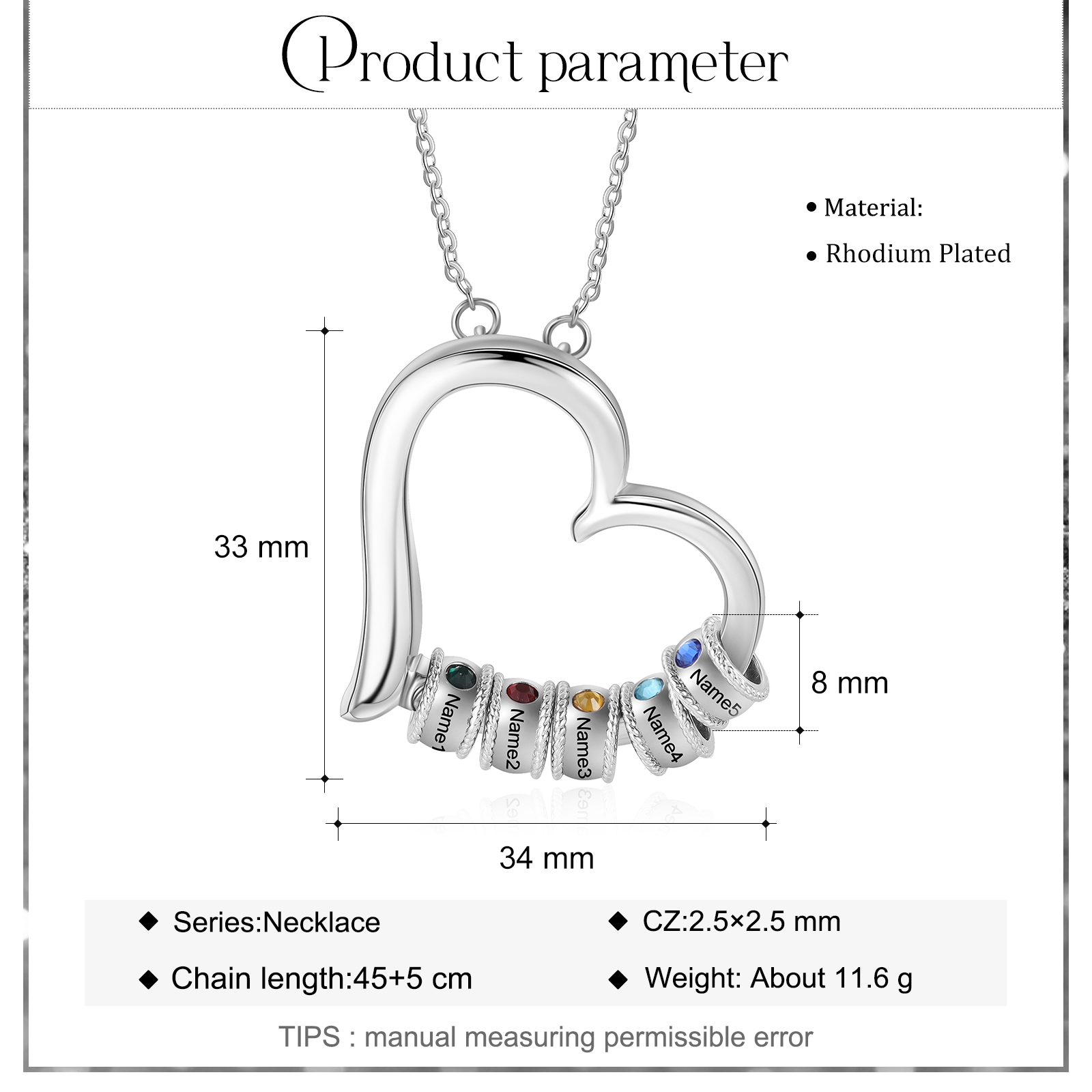 Personalised Heart Necklace With 5 Birthstones Engraved Family Names Necklace Gift For Her-Jessemade AU