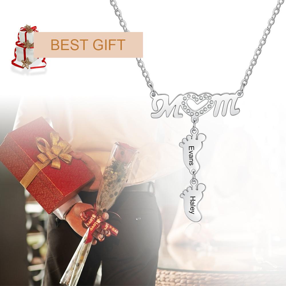 Mother Necklace with 2 Baby Feet Pendants Engraved 2 Names Mom Necklace Rose Gift Set