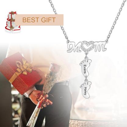 Mother Necklace with 2 Baby Feet Pendants Engraved 2 Names Mom Necklace Rose Gift Set