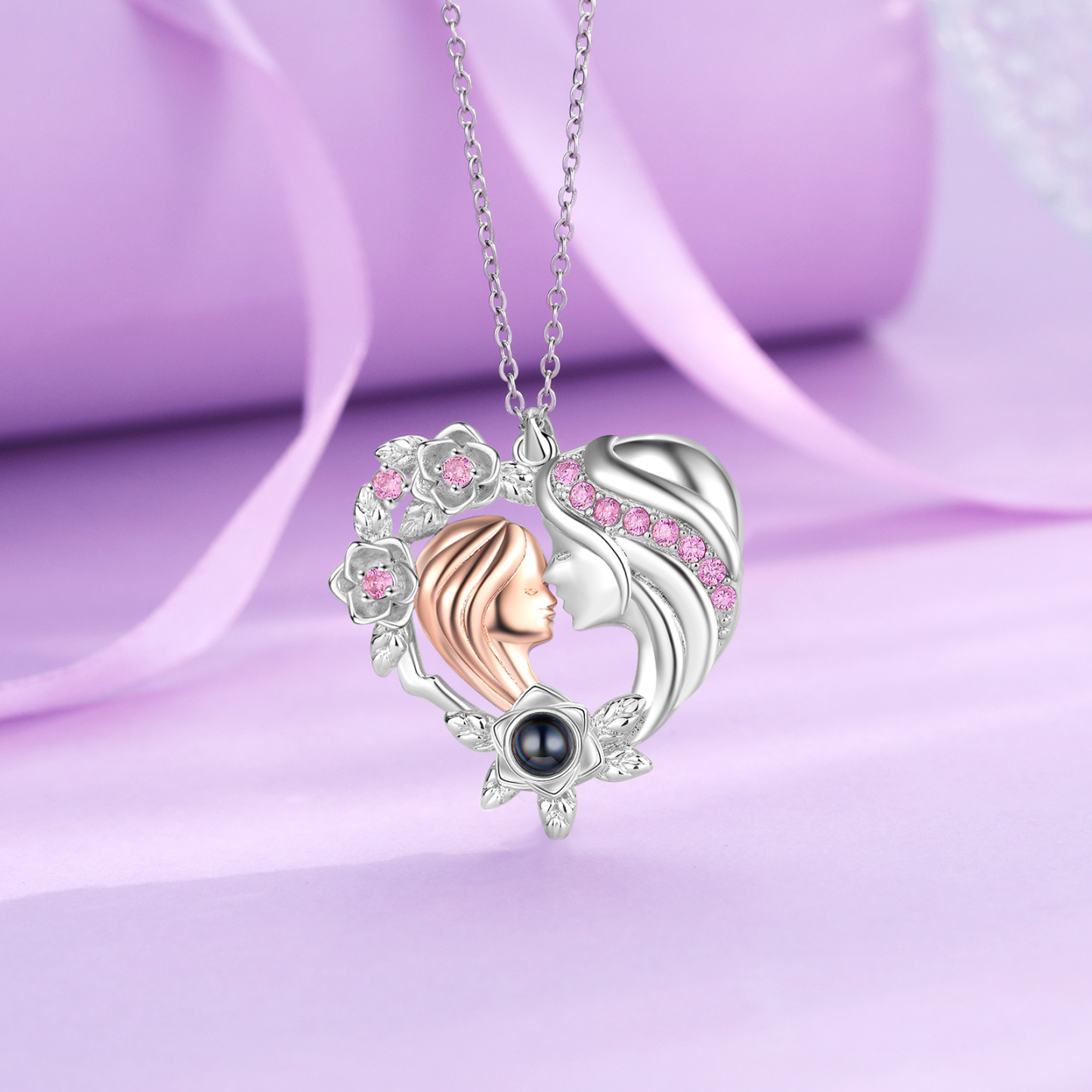 Mother and Daughter Heart Projection Necklace Custom Photo Flower Pendant Necklace for Her-Jessemade AU