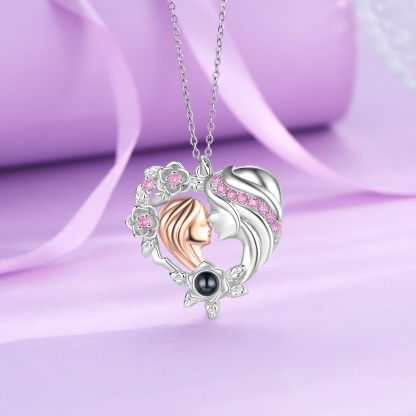 Mother and Daughter Heart Projection Necklace Custom Photo Flower Pendant Necklace for Her-Jessemade AU