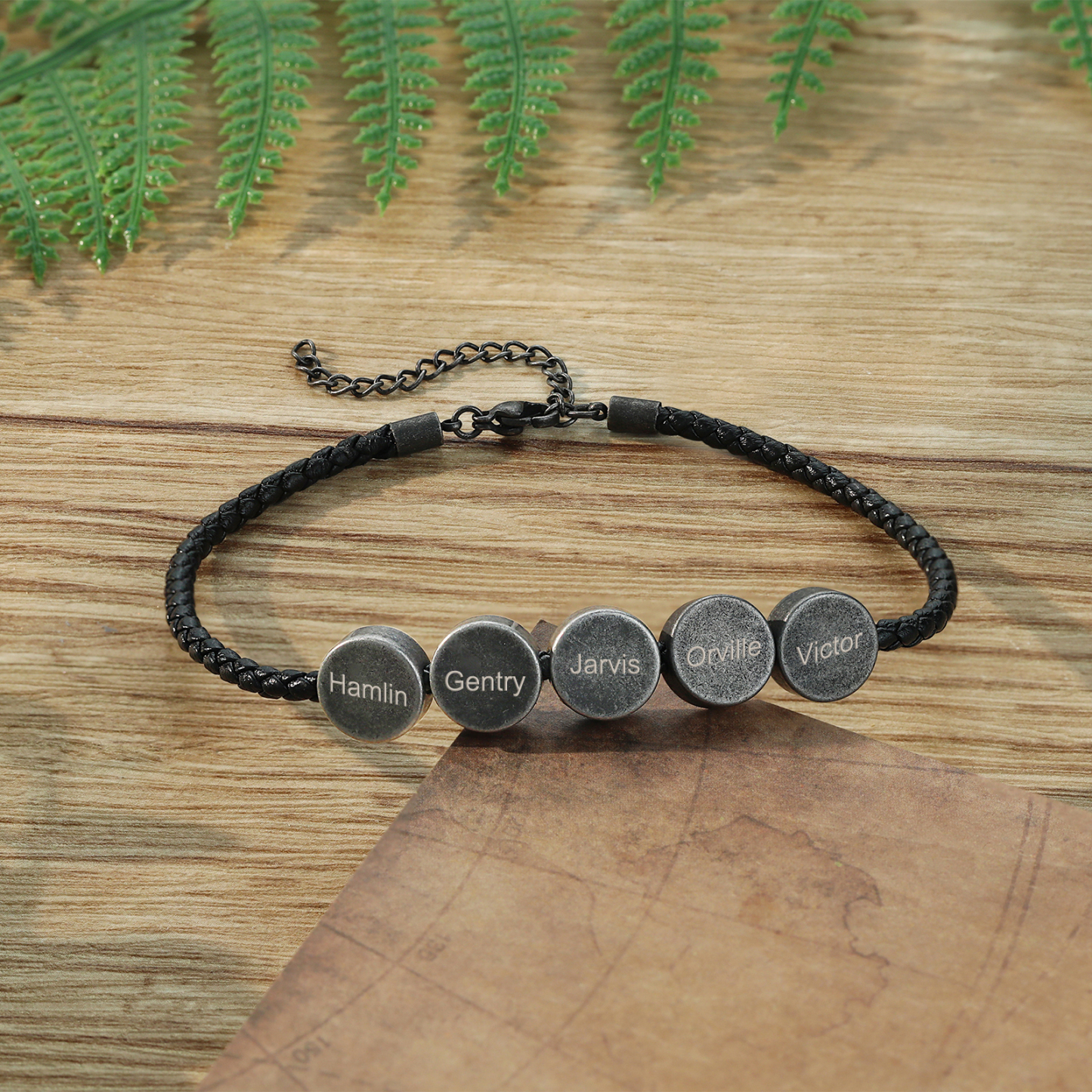 5 Names - Vintage Men's Leather Bracelet Custom Names Beads Bracelet Stainless Steel Personalised Gift for Him-Jessemade AU