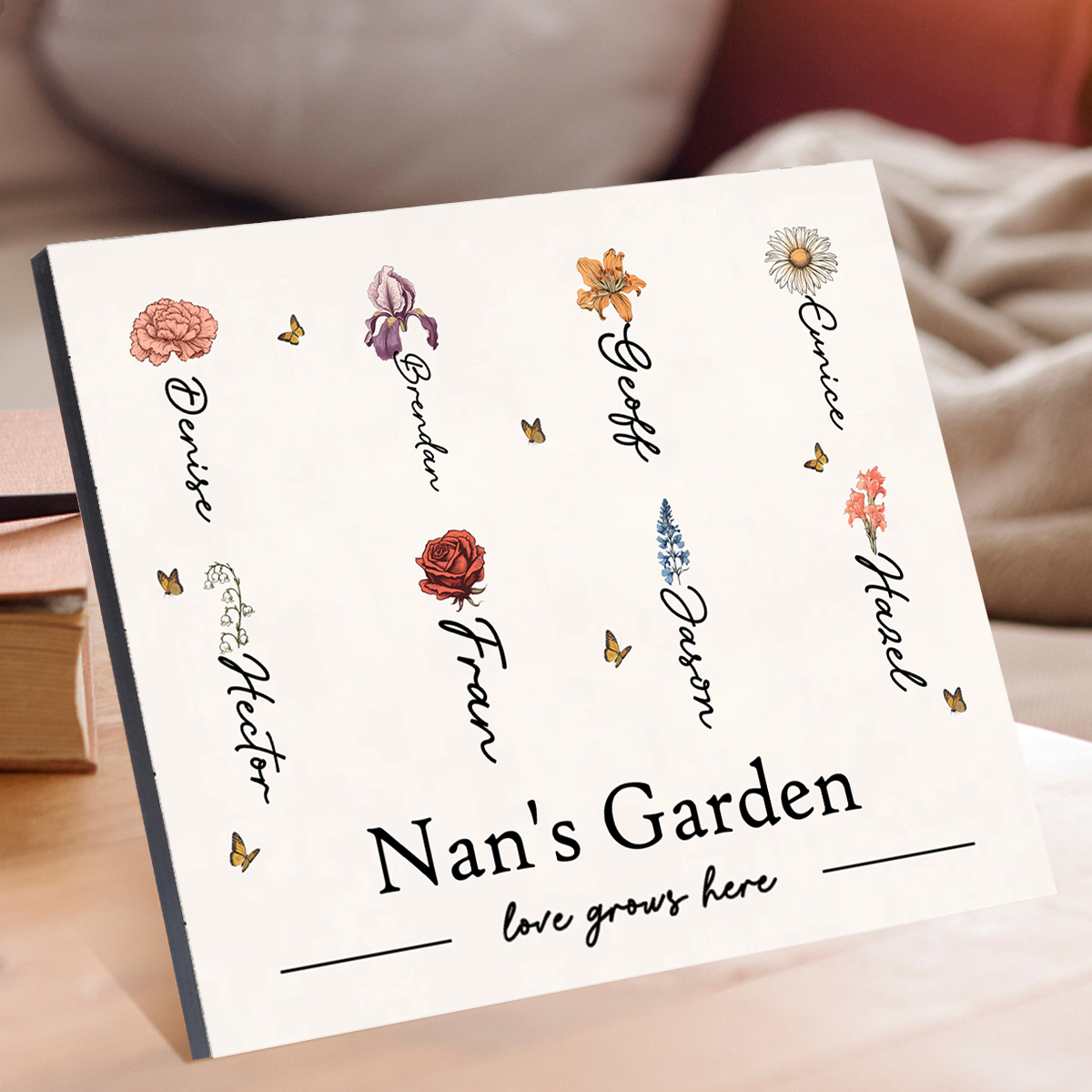 Personalised Text Wooden Plaque Custom 1–12 Birth Flowers & Names Home Decor Garden Sign Gift for Grandma - Love Grows Here