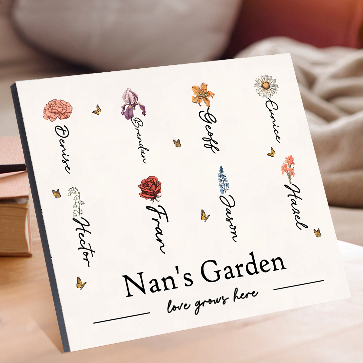 Personalised Text Wooden Plaque Custom 1–12 Birth Flowers & Names Home Decor Garden Sign Gift for Grandma - Love Grows Here