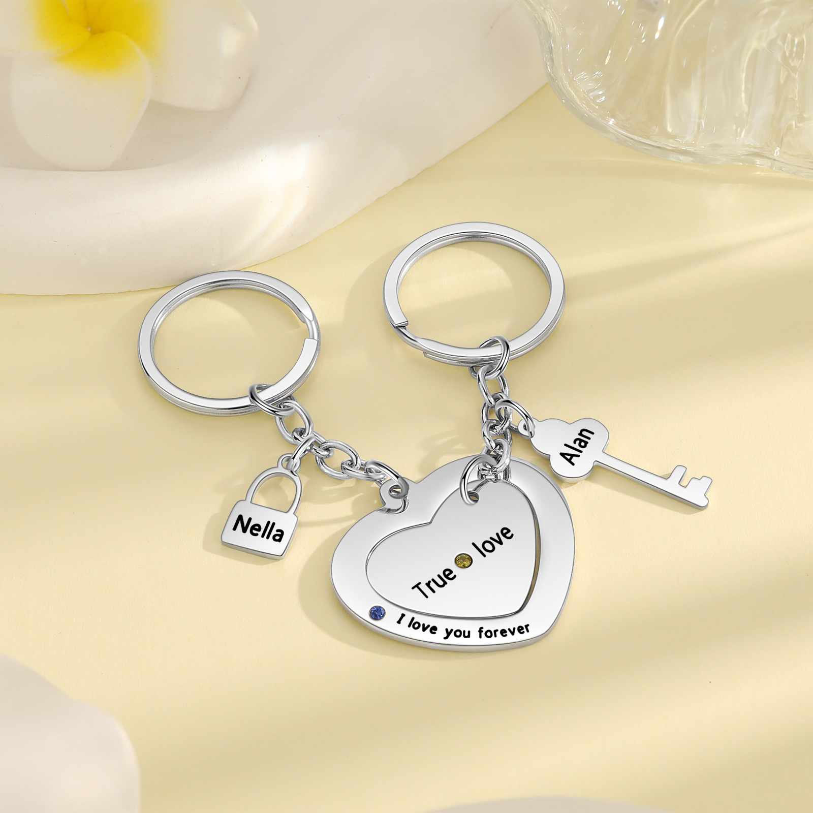 Personalised Couple Keychain Set Customised with 2 Names & 2 Birthstones Keychain Heart Matching Gift-Jessemade AU
