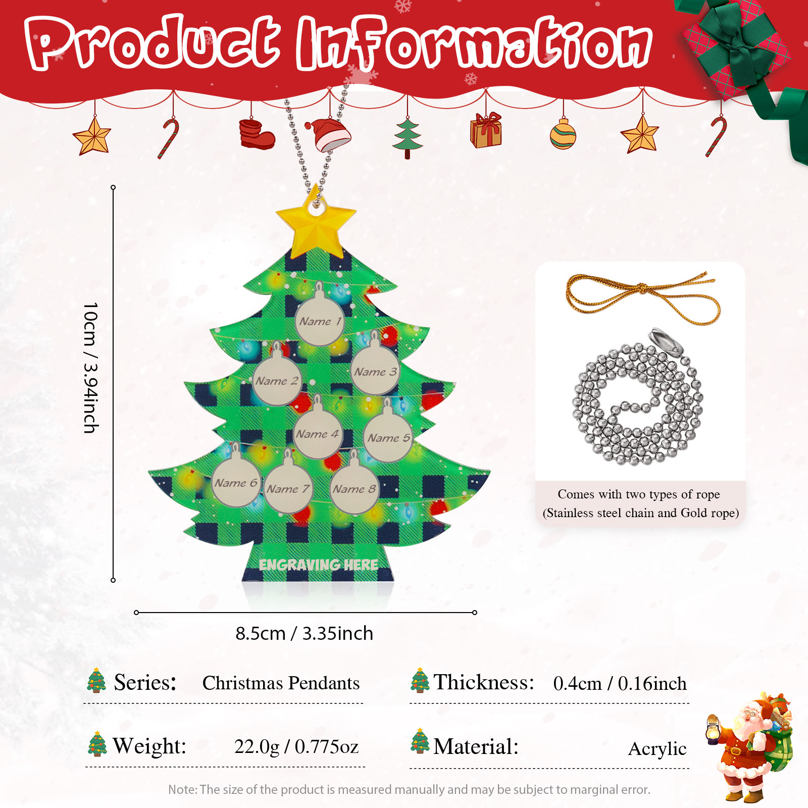 8 Names - Personalised Acrylic Christmas Tree Ornaments Customised Text & Name Xmas Pendant Gifts for Family Friends-Jessemade AU