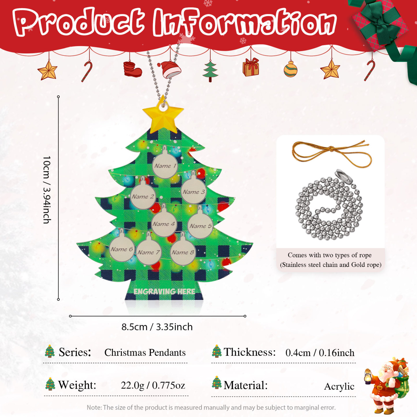 8 Names - Personalised Acrylic Christmas Tree Ornaments Customised Text & Name Xmas Pendant Gifts for Family Friends-Jessemade AU