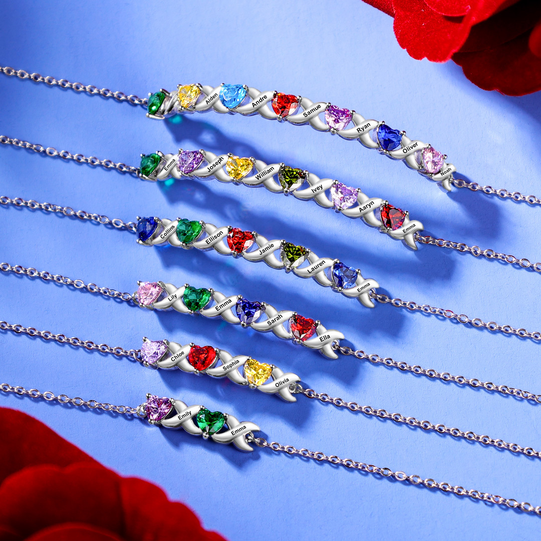 Personalised Bracelet With 6 Heart Birthstones Engraved Names Bracelet Gift For Women-Jessemade AU