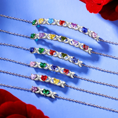 Personalised Bracelet With 6 Heart Birthstones Engraved Names Bracelet Gift For Women-Jessemade AU
