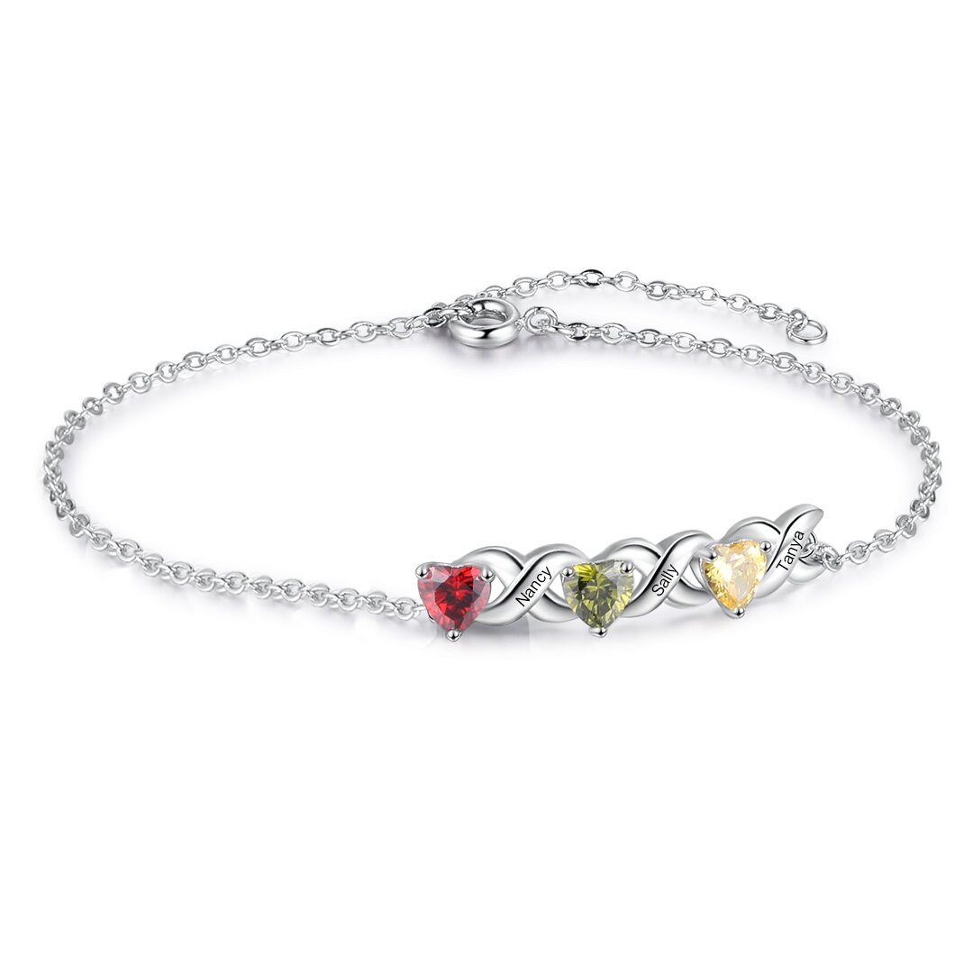 Family Custom Bracelet Heart Personalised with 3 Birthstones Gift Box Set-Jessemade AU
