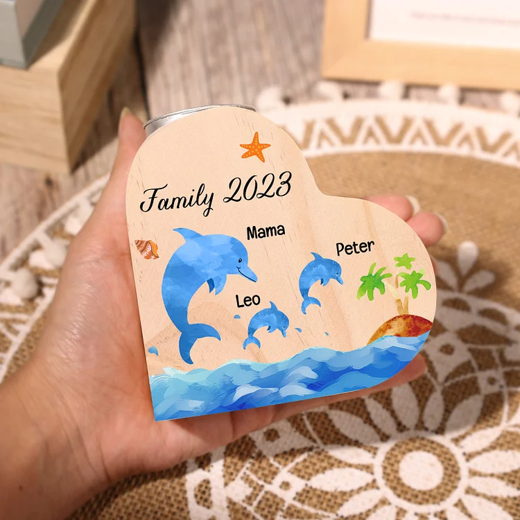 Family Dolphin Heart Candle Holder Personalised Wooden Candlestick Custom 3 Names-Jessemade AU
