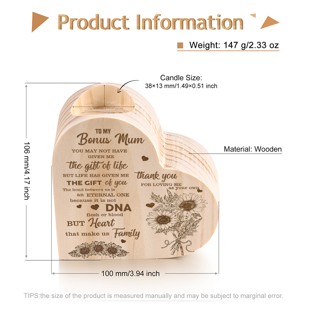 To My Mum - Wooden Heart Candle Holder Flower Candlesticks "Thank you for loving me as your own" Gifts For Mother-Jessemade AU
