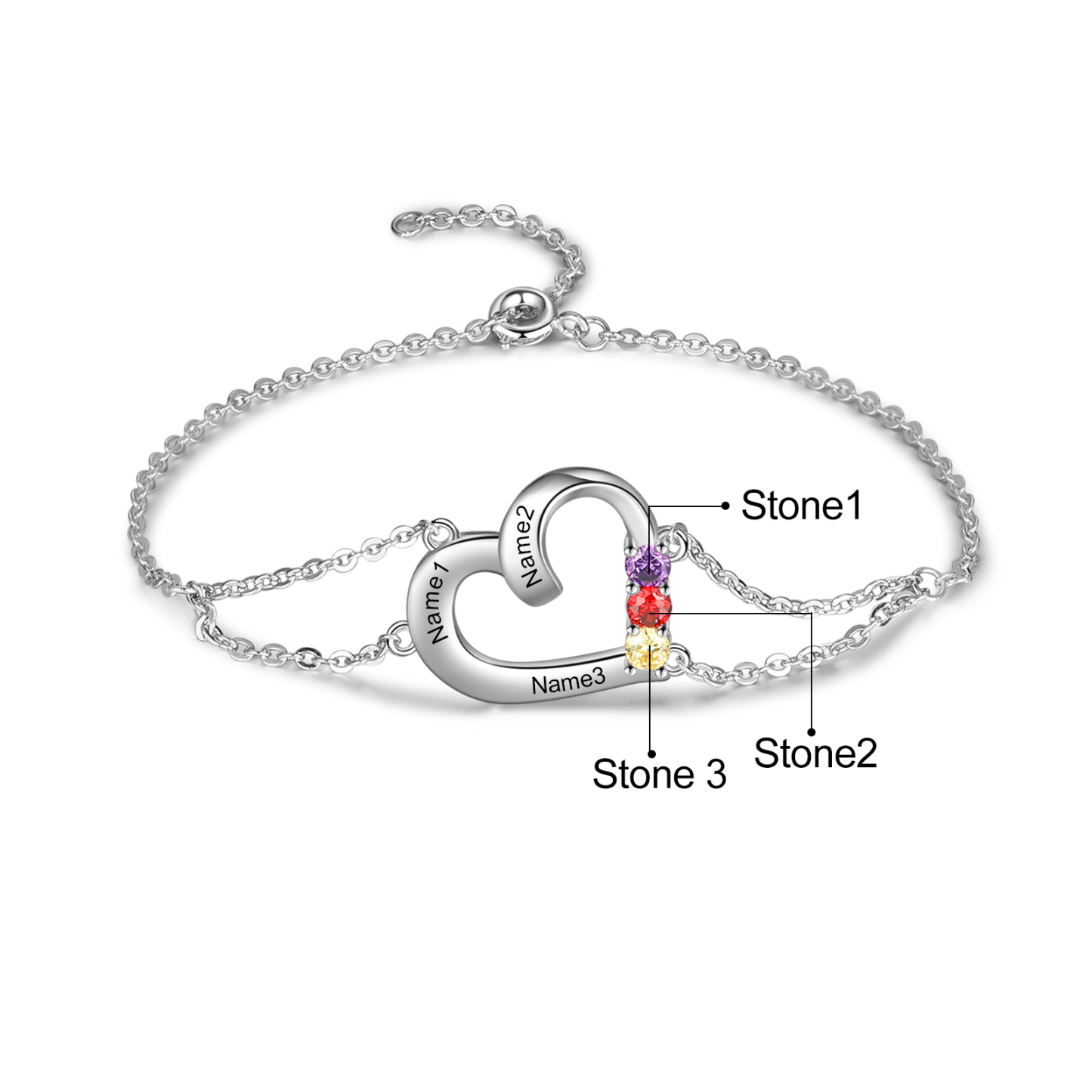 Personalised Heart Bracelet With 3 Birthstones Engraved Names Gift For Women-Jessemade AU