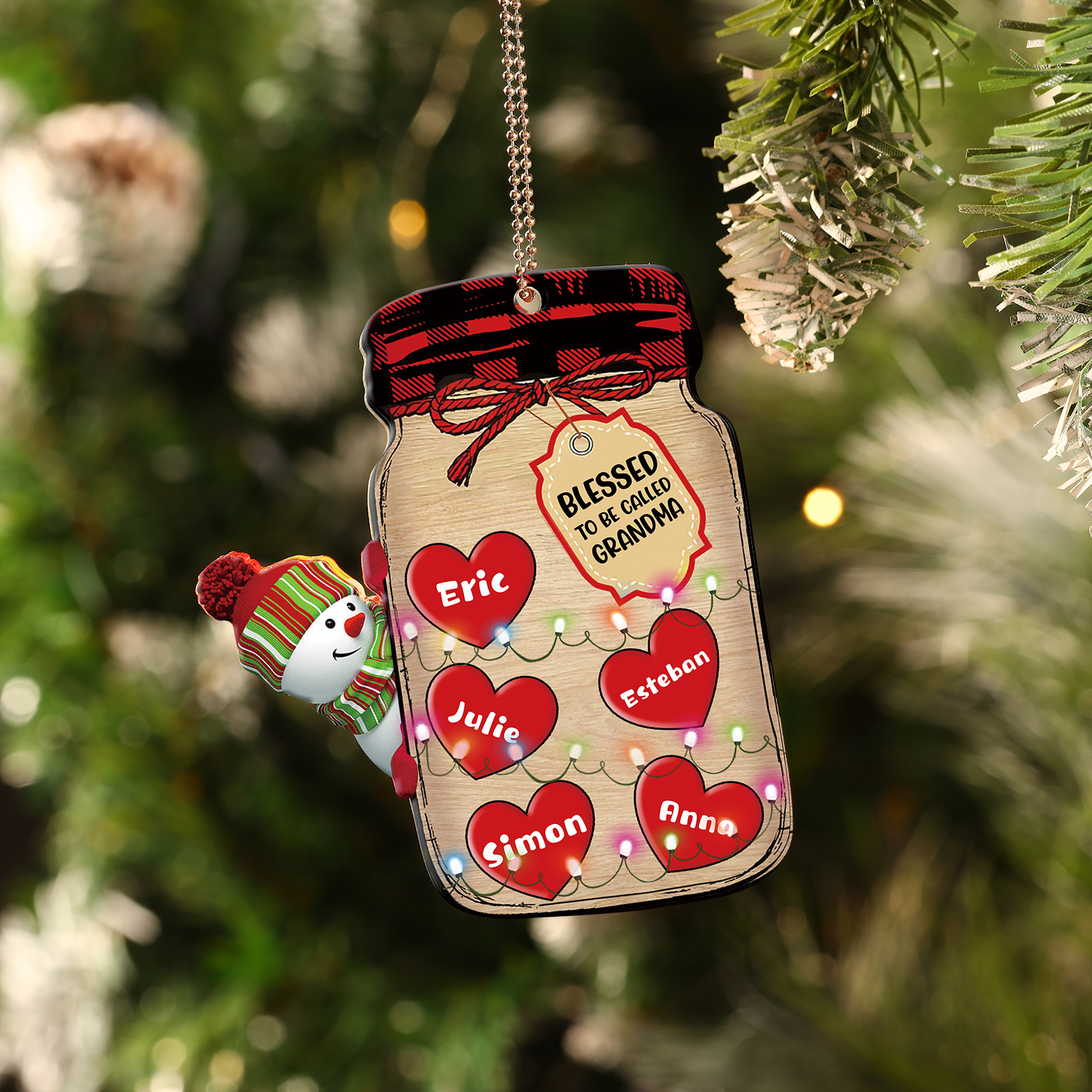 5 Names - Personalised Heart Christmas Ornament Customised Name & Text Acrylic Snowman Hanging Ornaments Jar Gift for Family-Jessemade AU