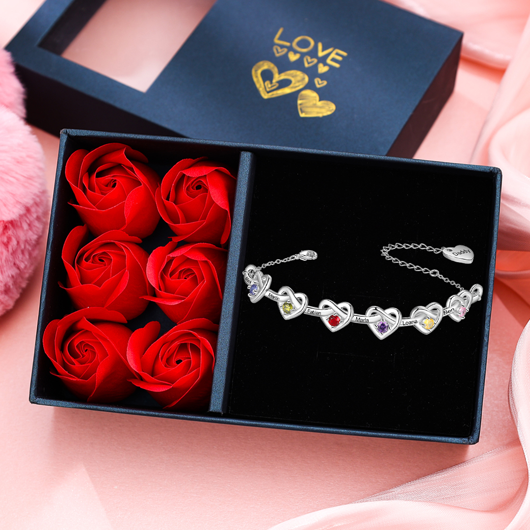 6 Names - Personalised Linked Heart Bracelet Custom 6 Birthstones Engraved Text Bracelets