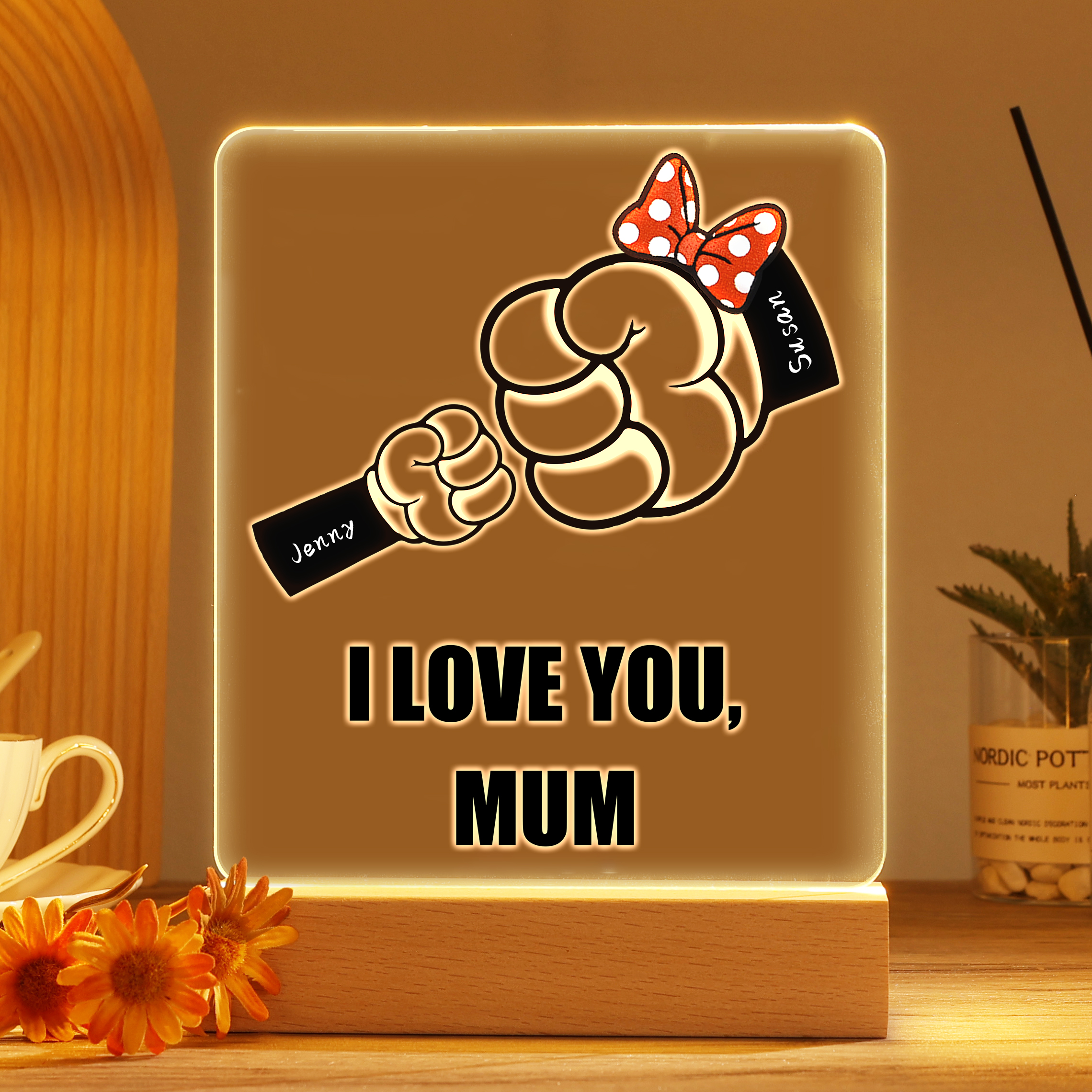 2 Names - Personalised Acrylic Night Light Custom Names & Text Fist Bump LED Lamp Gifts for Family-Jessemade AU