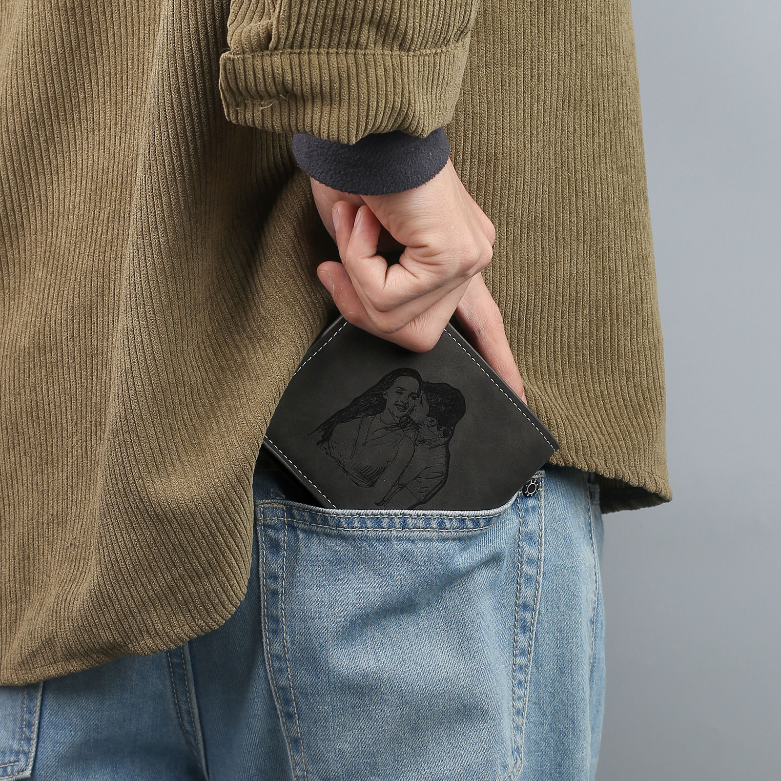 Personalised Photo & Name & Letter Billfold Wallet Monogram Leather Black Wallet Gift for Men-Jessemade AU