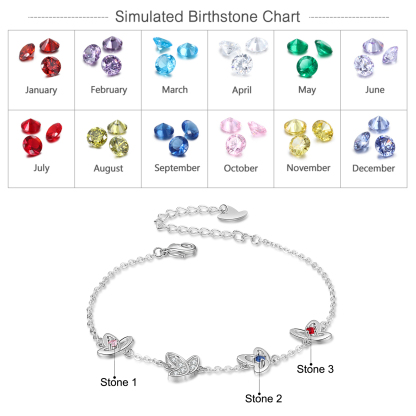 Personalised Butterfly Bracelet with 3 Birthstones Engraved Names Best Gift For Her-Jessemade AU
