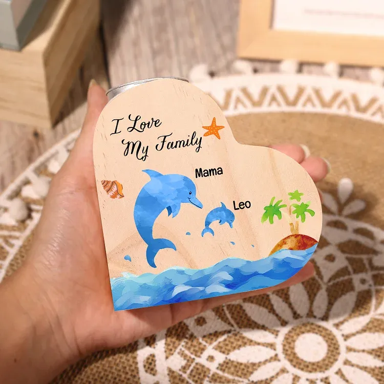 Family Dolphin Heart Candle Holder Personalised Wooden Candlestick Custom 2 Names-Jessemade AU