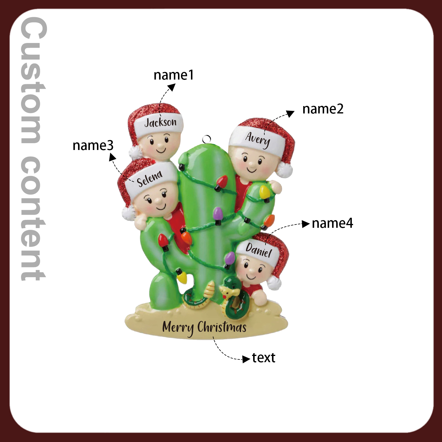 4 Names - Personalised Cactus Ornament Customised Name & Text Christmas Tree Wooden Decor Gift for Family and Friends-Jessemade AU