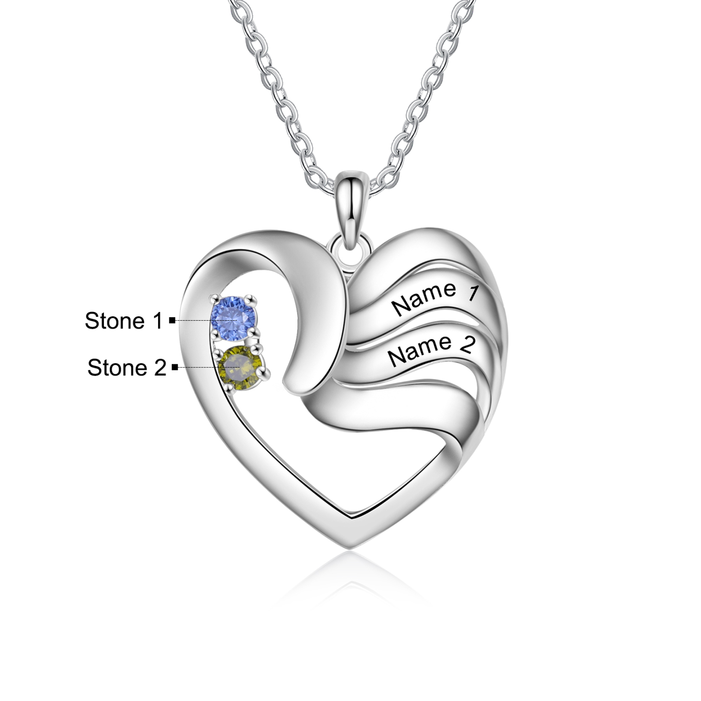 Personalised Heart Necklace With 2 Birthstones Engraved Names Gift For Women-Jessemade AU