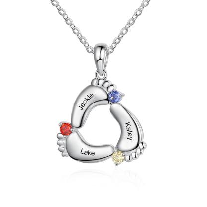 Baby Feet Necklace Custom 3 Birthstones Family Gifts Set for Mum