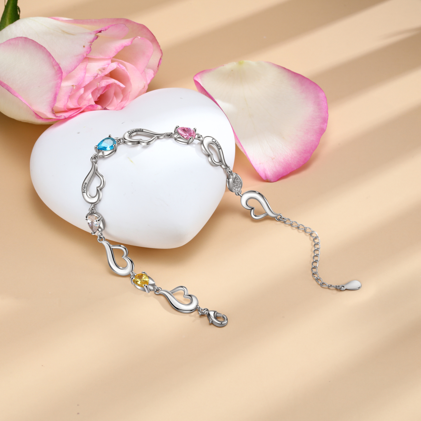 Personalised Heart Bracelet With 4 Birthstones Engraved Name Bracelet Gifts For Her-Jessemade AU