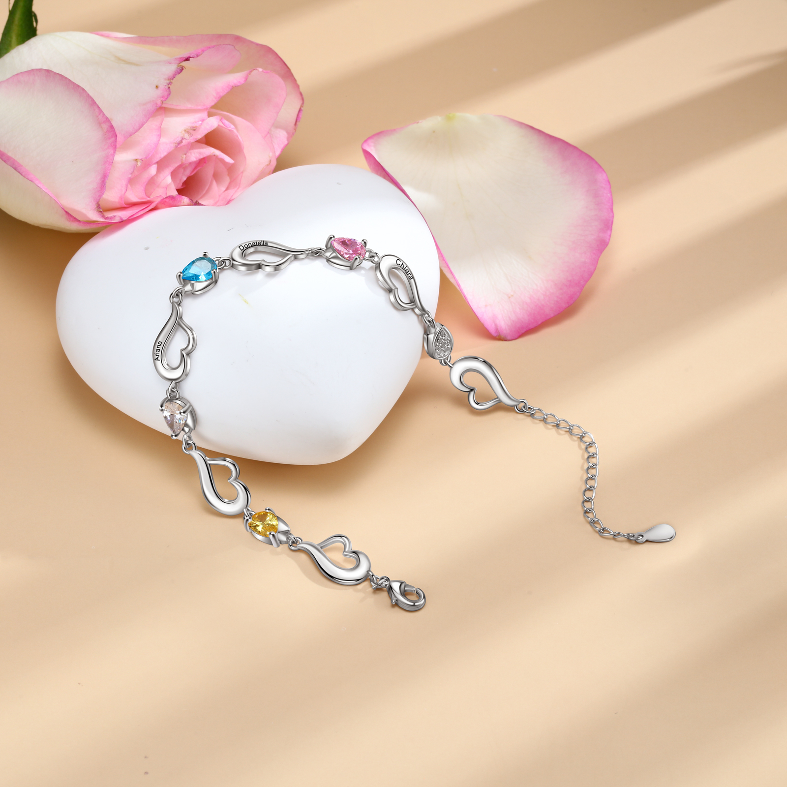 Personalised Heart Bracelet With 4 Birthstones Engraved Name Bracelet Gifts For Her-Jessemade AU