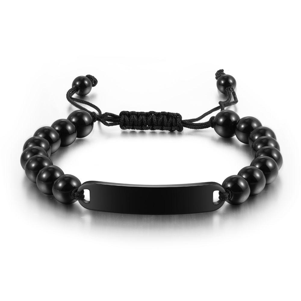Men Black Beads Bracelet with Engraved Bar Custom Bracelets Personalised Gifts for Him-Jessemade AU