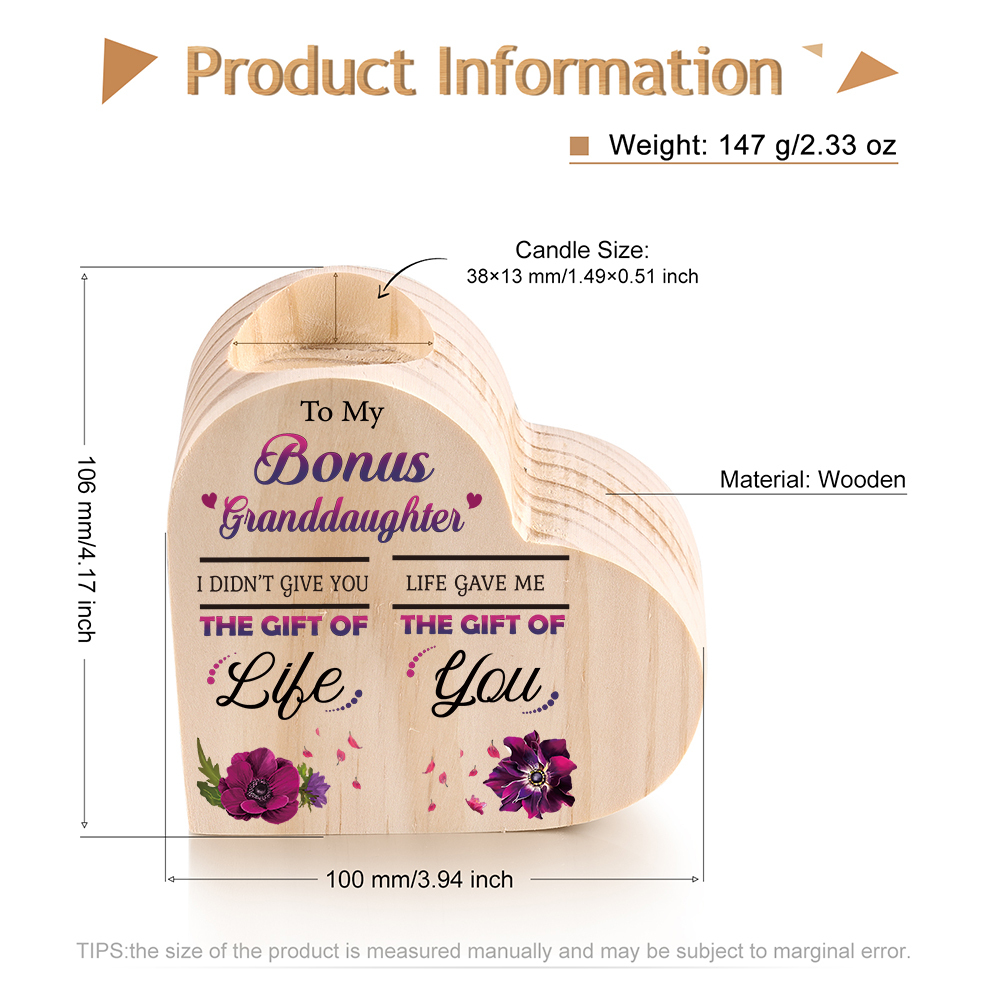 To My Bonus Granddaughter Violet Flower Heart Candle Holder "Life Gave Me The Gift of You" Wooden Candlestick-Jessemade AU