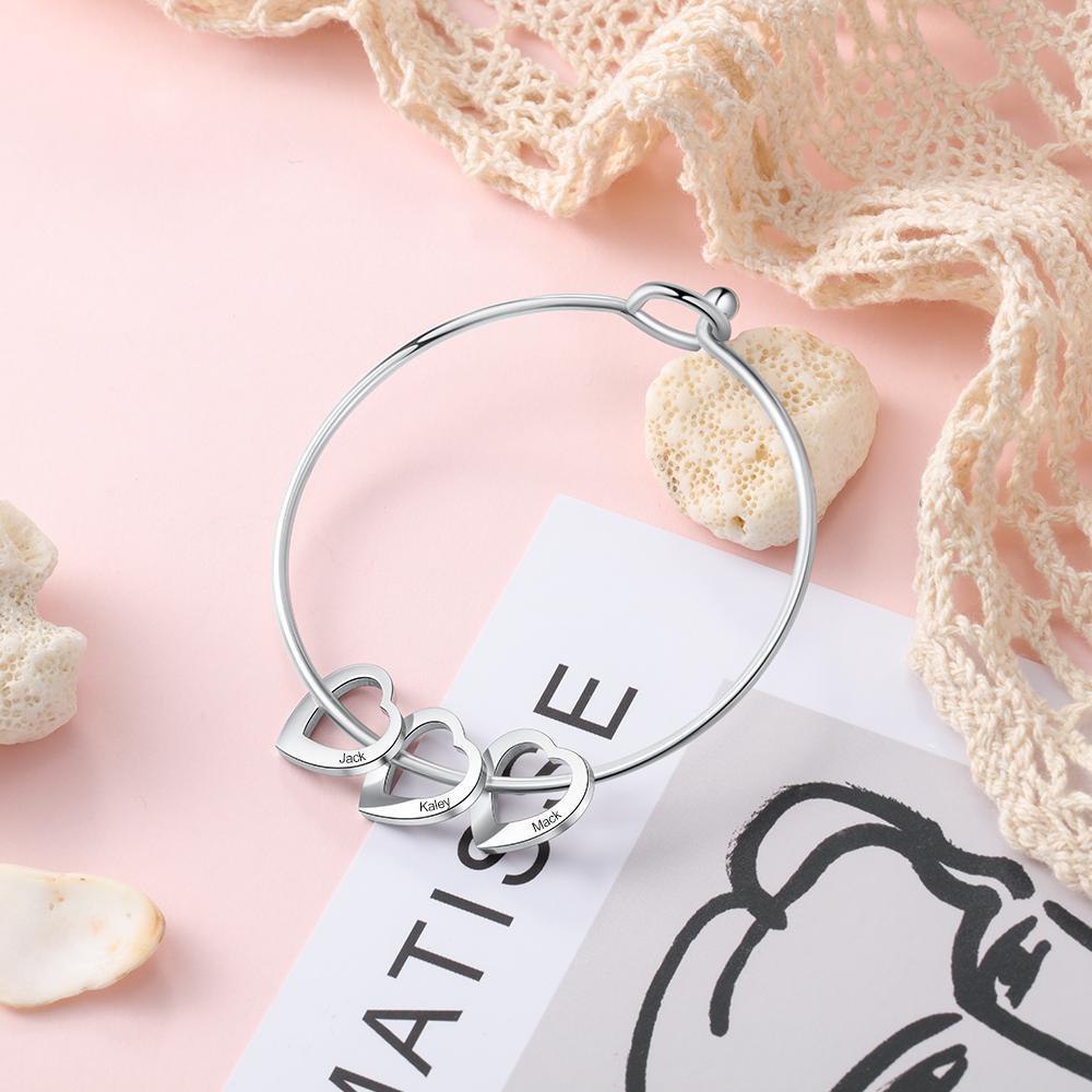 Children Bangle Bracelet with 4 Heart Pendants Engraved 4 Names Gifts-Jessemade AU