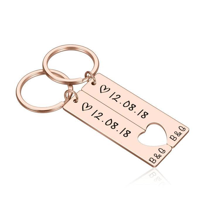 To My Man/My Love Heart Keychain Set Personalised Date Initial Keyring Matching Couple Gifts-Jessemade AU