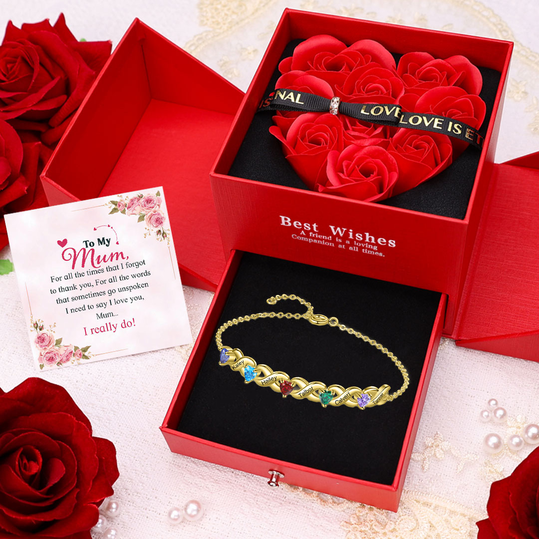 Family Custom Bracelet Heart Personalised with 5 Birthstones Gift Box Set-Jessemade AU