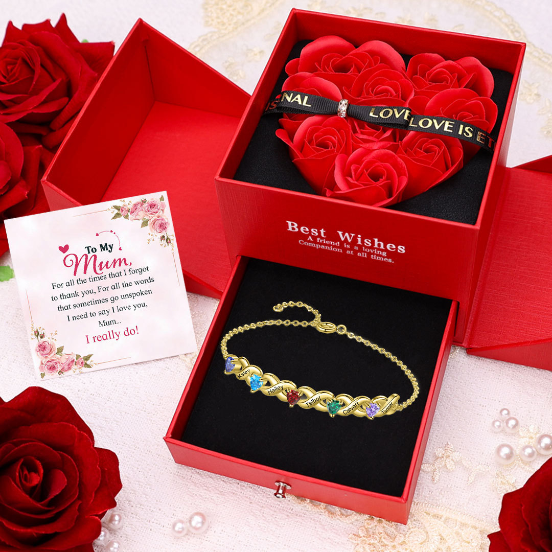 Family Custom Bracelet Heart Personalised with 5 Birthstones Gift Box Set-Jessemade AU