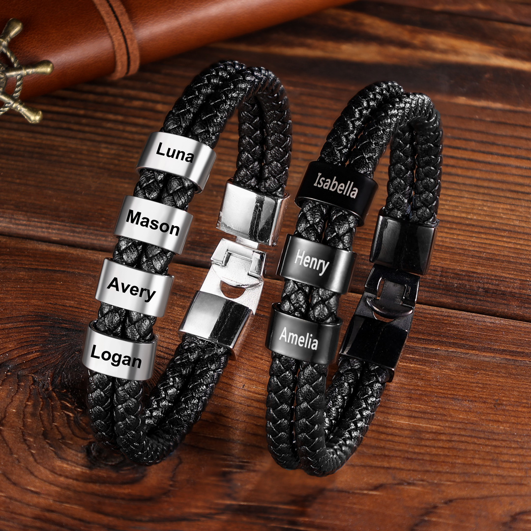 Personalised Braided Leather Bracelet Engraved 4 Names Men's Bracelet for Him