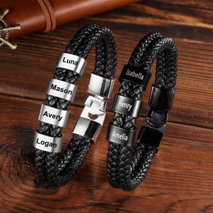 Personalised Braided Leather Bracelet Engraved 2 Names Men's Bracelet for Him