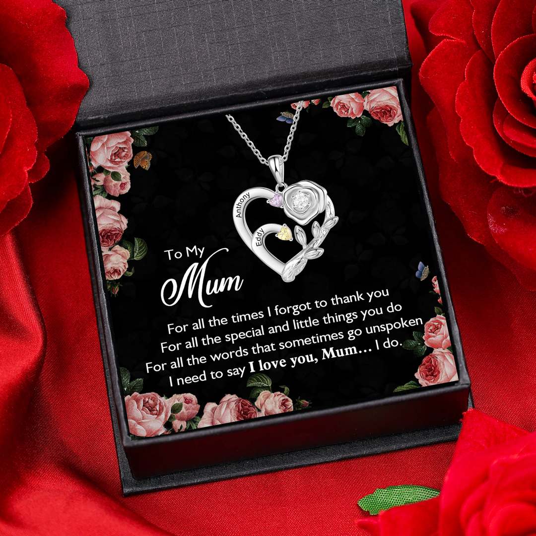 Personalised Rose Necklace with Birthstones Engraved 2 Names Intertwined Heart Pendant Necklace Gifts for Mother-Jessemade AU