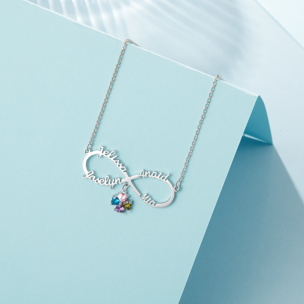 Personalised Infinity Necklace With 4 Birthstones Engraved Names Necklace Gift For Women-Jessemade AU