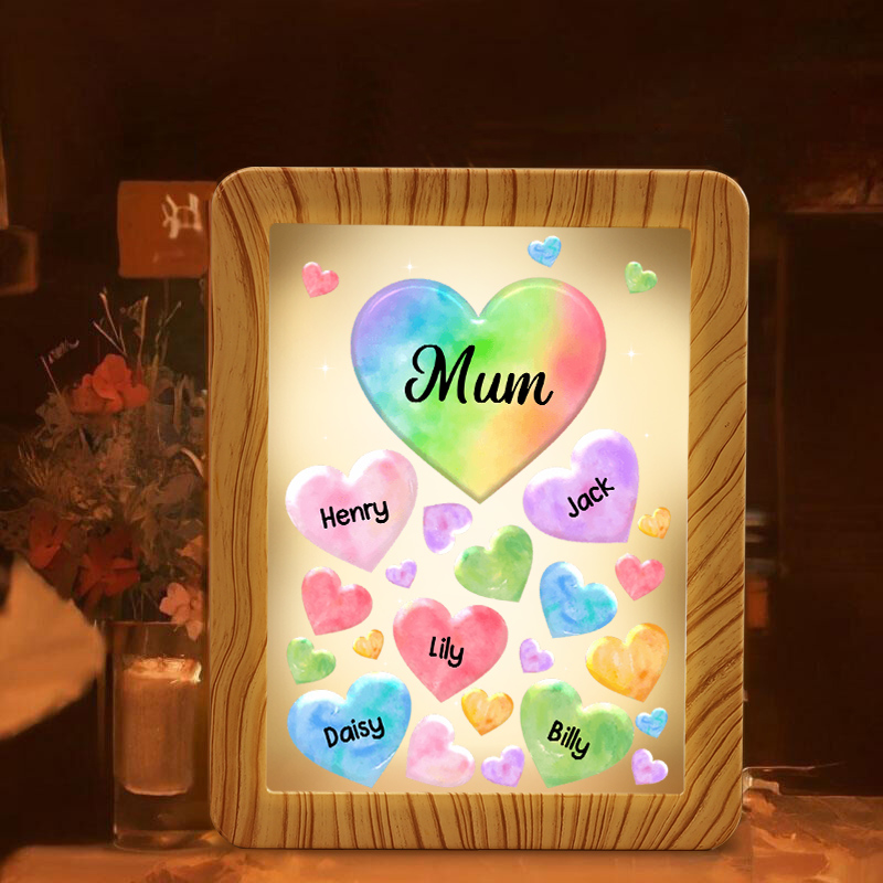 Personalised Night Light Mirror Frame Custom 1 Text & 5 Names Colourful Hearts Family LED Lamp Gift for Grandma/Mother-Jessemade AU