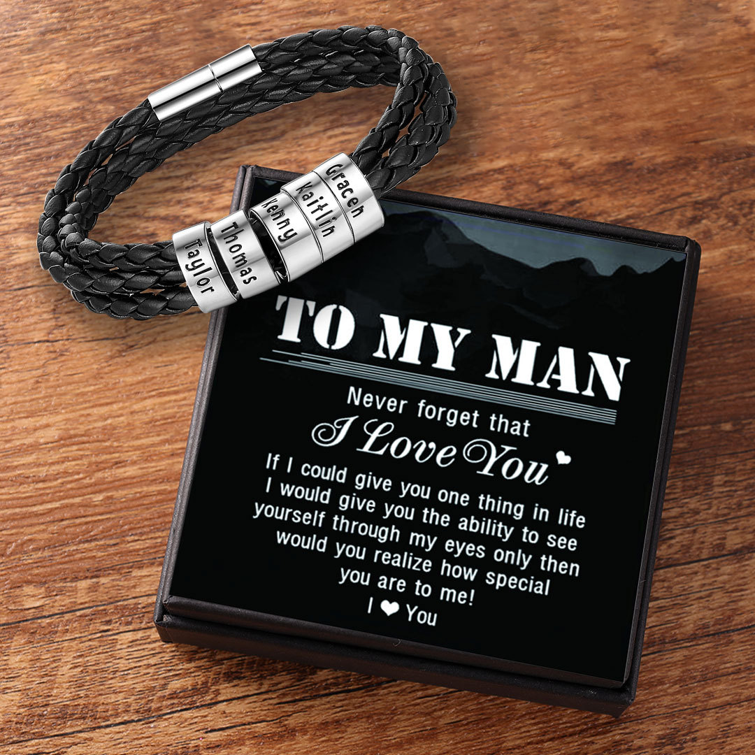 Leather Braided Bracelet Men Bracelets Personalised 5 Names 5 Beads Gifts For Dad-Jessemade AU