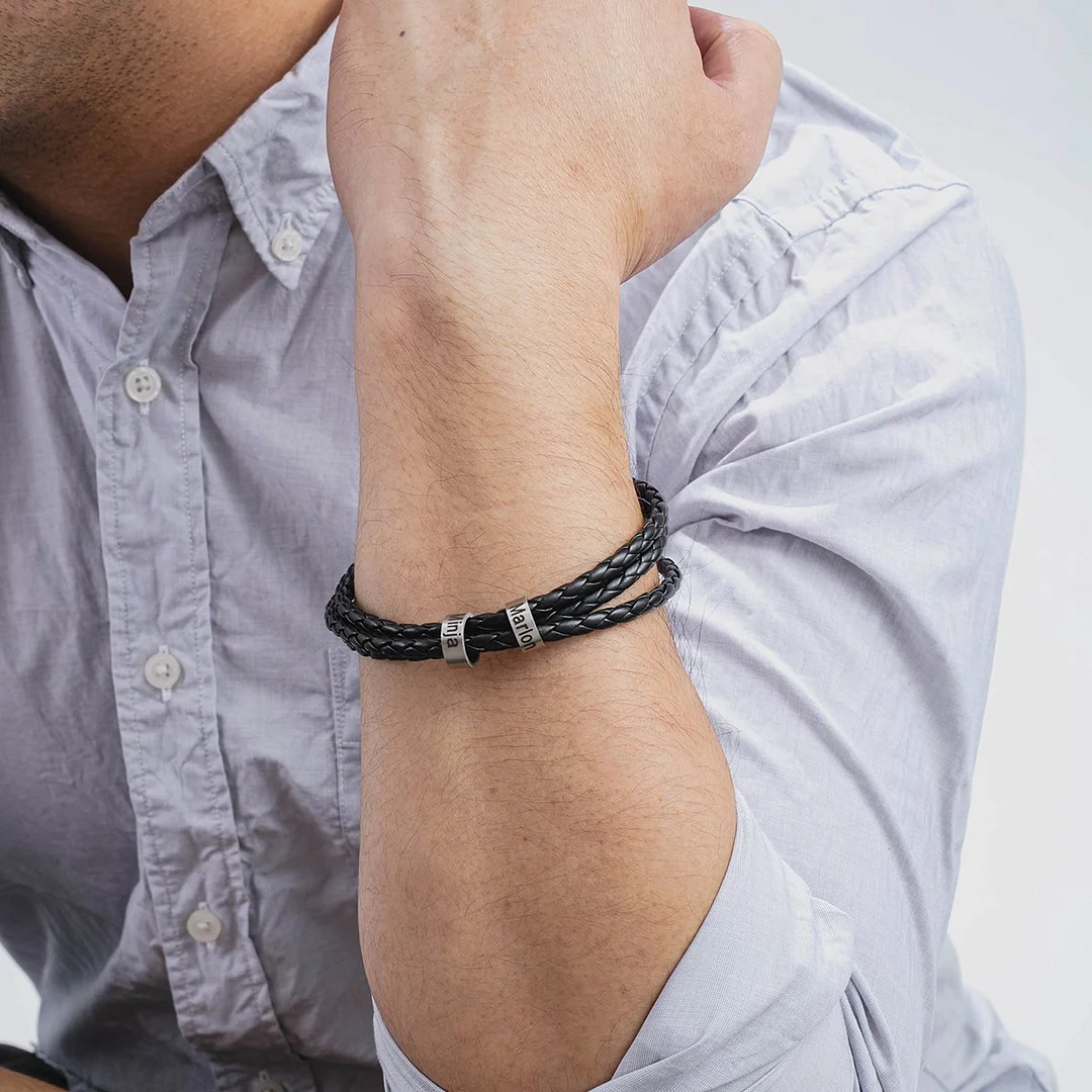 Leather Braided Bracelet Men Bracelets Personalised 6 Names 6 Beads Gift For Dad
