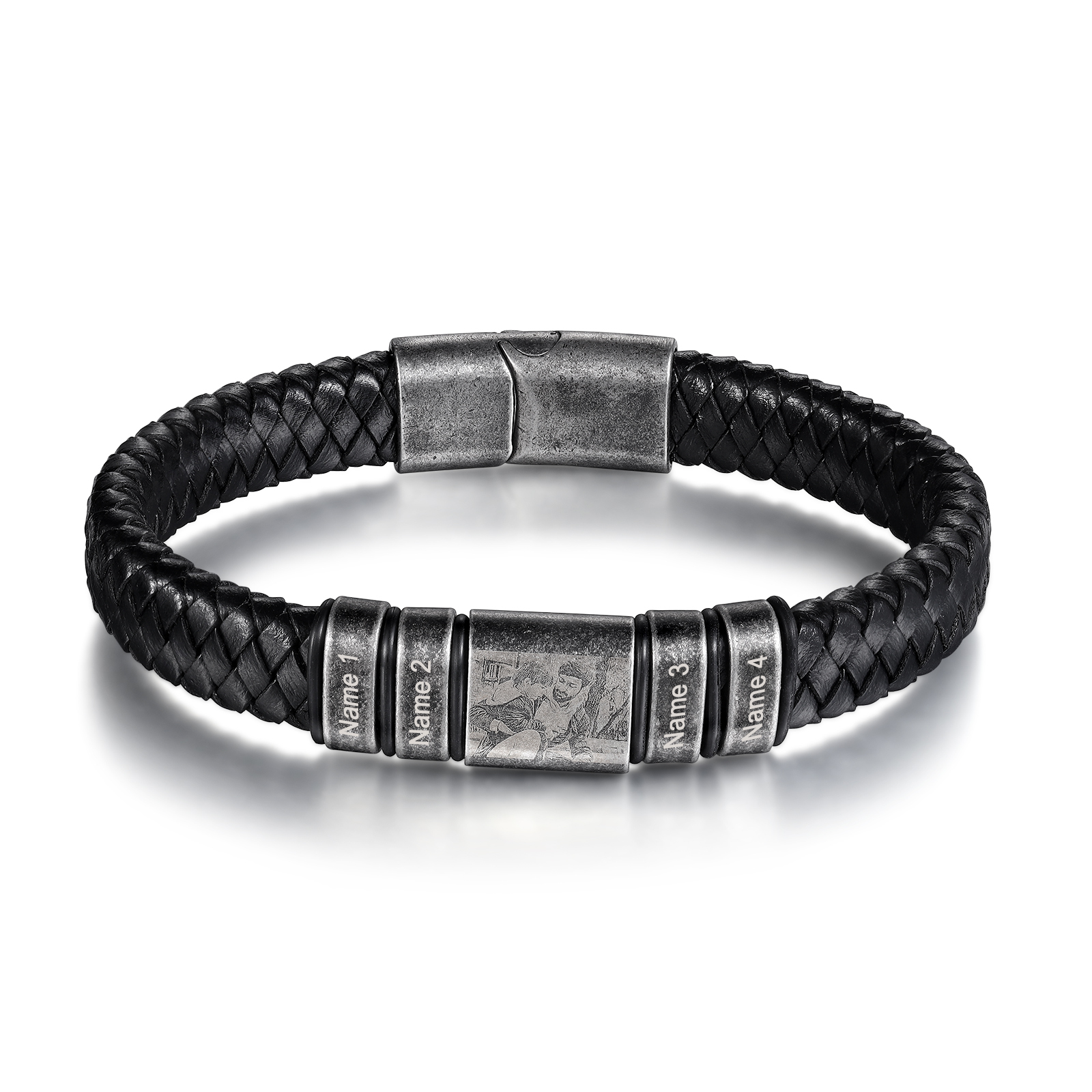 4 Names - Personalised Men's Leather Braided Bracelet Customised Name & Photo Bracelet Vintage Gift for Him-Jessemade AU