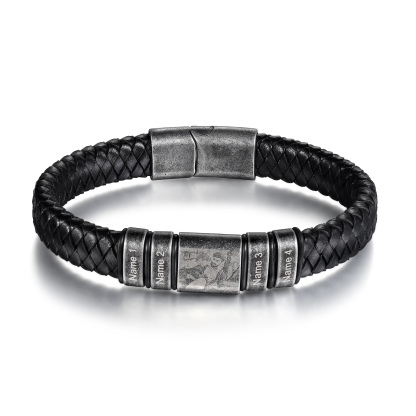 4 Names - Personalised Men's Leather Braided Bracelet Customised Name & Photo Bracelet Vintage Gift for Him-Jessemade AU