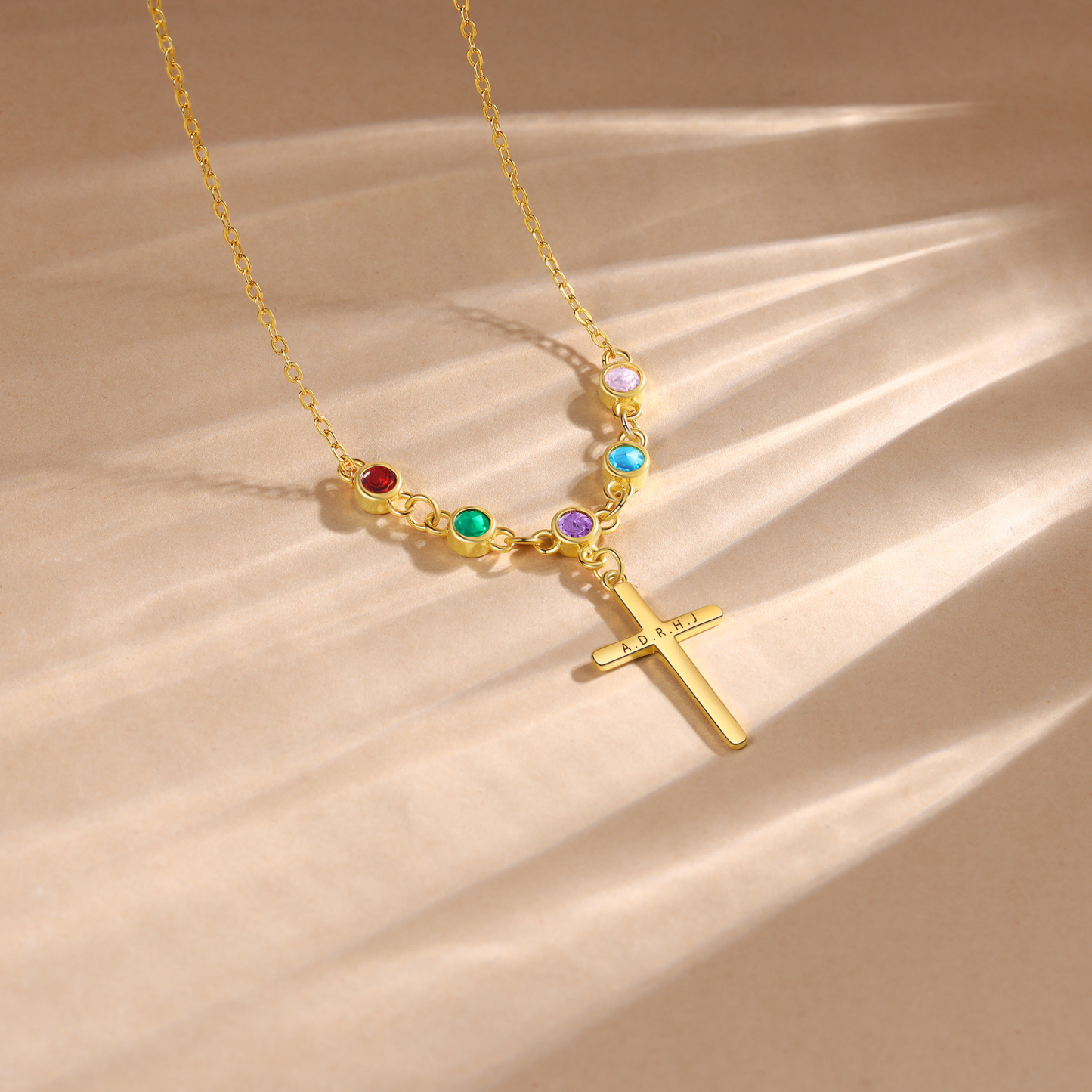 Personalised Cross Pendant Necklace Custom 5 Birthstones & 1 Text Necklace Birthday Gift for Her-Jessemade AU